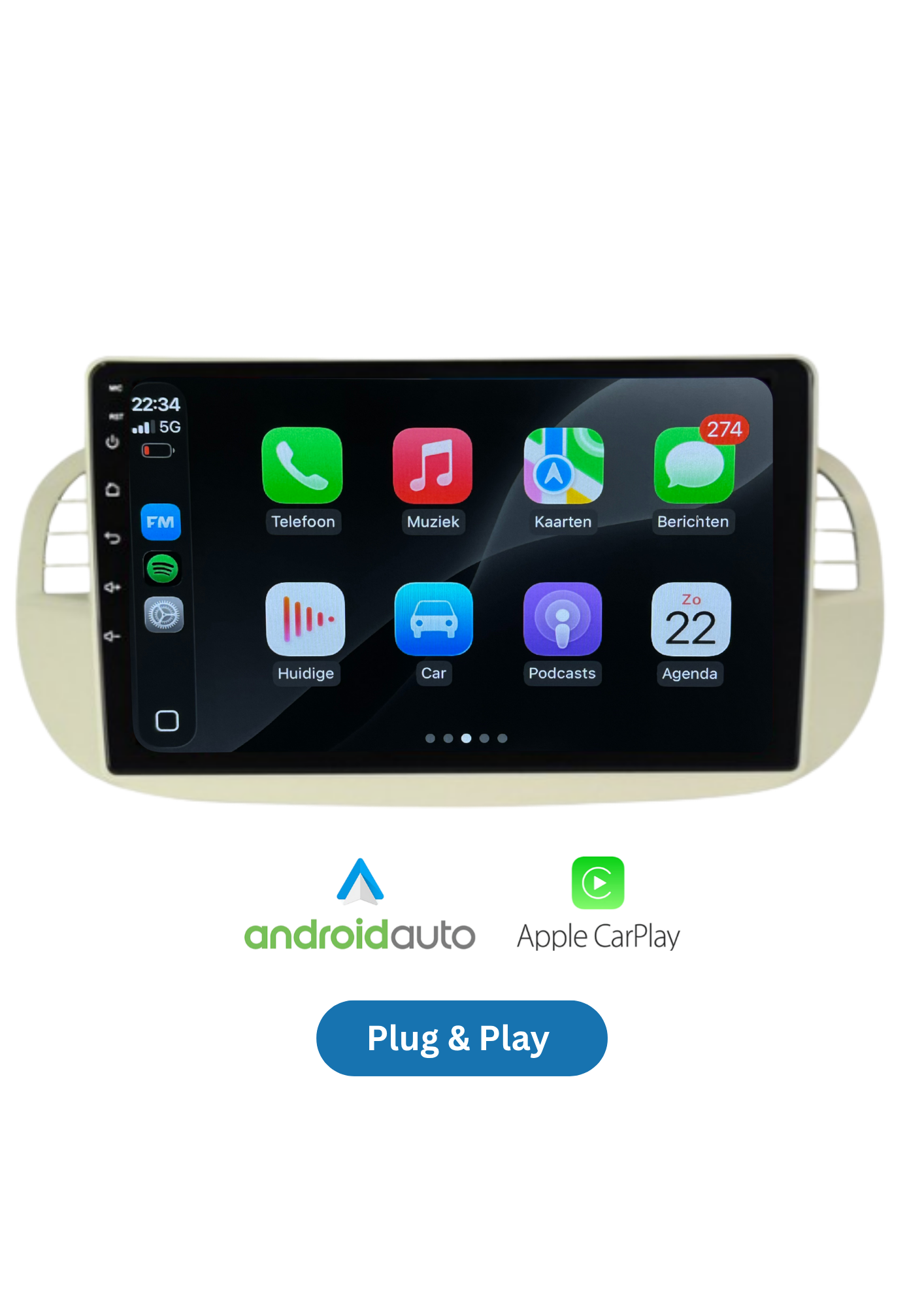 Fiat 500 scherm 9 INCH | Draadloos Carplay & Android auto | 64GB