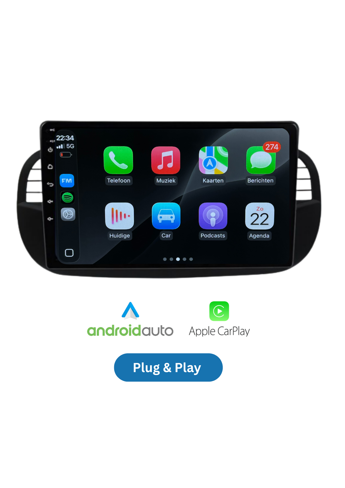 Fiat 500 Bildschirm 9 ZOLL | Kabelloses Carplay und Android Auto | 2G-64GB
